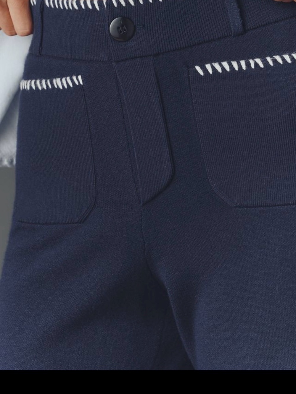 Maeve Navy Wide-Leg Crop Knit Trousers with White Whipstitch